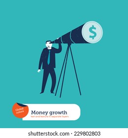 Businessman looking through a telescope dollar. Global colors. Text and Texture in separate layers. Vector illustration Eps10 file. Global colors. Text and Texture in separate layers.