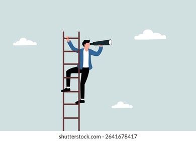 Businessman looking through a telescope far away on the stairs. Business concept.