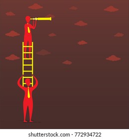 Businessman looking through telescope far on a stair Business concept