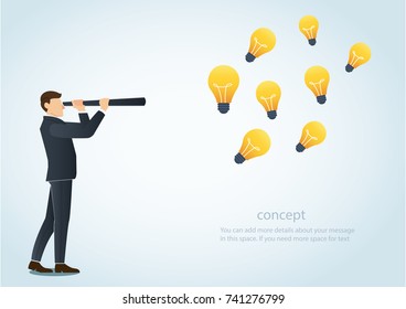 Businessman Looking Through A Telescope And Lightbulb, The Concept Of Creative Business Vision