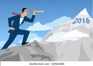 Businessman looking through the telescope at the mountaintop with numbers 2016 on it, EPS8 vector illustration