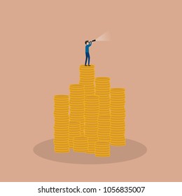 Businessman looking through telescope on piles of coins. Business concept of leadership, strategy, mission, objectives,goals, success, achievement and challenge. Vector illustration  Eps10.