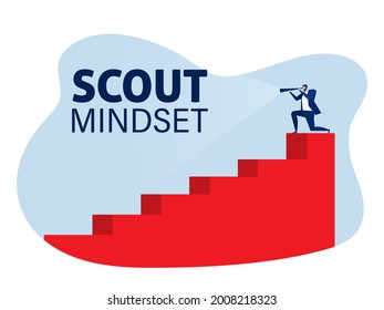 Businessman looking through a telescope on stair step scout mindset concept . vector illustration