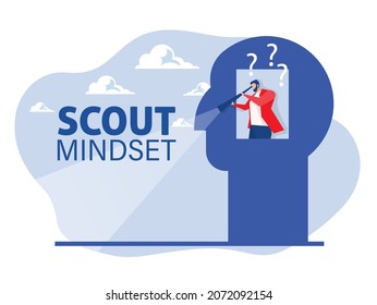 Businessman looking through a telescope on human head for scout mindset concept  vector illustration.