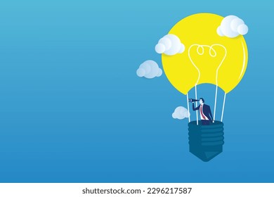 Businessman looking through the telescope on balloon light bulb.vector illustration.