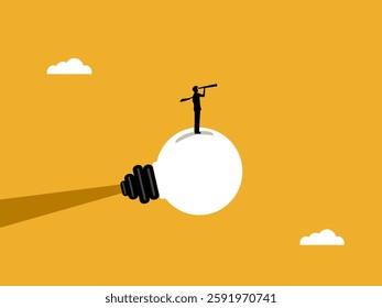 Businessman looking through telescope on light bulb rocket