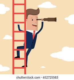 Businessman looking through telescope on a ladder. Business concept. Vector illustration