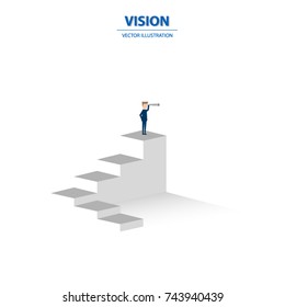 Businessman looking through telescope on top of the stairs. Business concept of goals, success, achievement and challenge. Vector illustration.