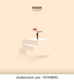 Businessman looking through telescope on top of the books. Business concept of vision, knowledge, leadership, success and challenge. Vector illustration. 