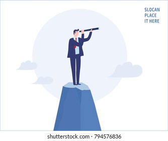 Businessman looking through telescope on top of the mountain.
goals, success, achievement and challenge  people business concept 
vector flat design illustration banner brochure
isolated background