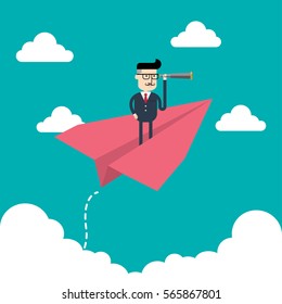 Businessman looking through telescope from a red paper plane, Leadership concept.