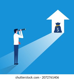 Businessman looking through telescope seeing success vision with arrow symbol. 