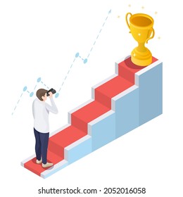 Businessman looking through telescope standing in front of staircase with trophy cup on the top, flat vector isometric illustration. Path to success, goal, business vision.