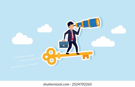 Um homem de negócios que olha através de um telescópio enquanto anda em uma chave de ouro voando rapidamente no céu, uma ilustração da visão na identificação dos principais fatores de sucesso nos negócios