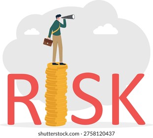 Businessman looking through a telescope while standing on coins inside the word RISK