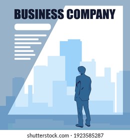 Businessman looking through window at urban skyline. Business and corporate world concept vector illustration with cityscape in sunset. Eps10 vector illustration.