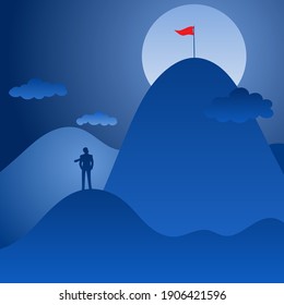 businessman looking at the top of the mountain with red flag in the blue background illustration vector. Motivation business concept.