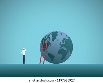 Businessman looking at the top of the world vector concept. Symbol of ambition, success, motivation, achievement, career growth.