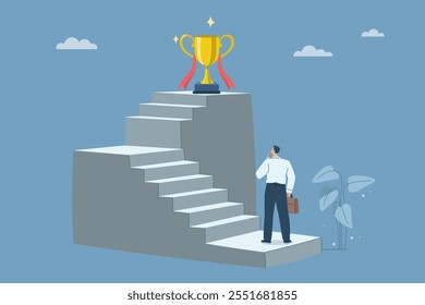 Businessman looking at trophy on stairs, Ladder to business success, Career advancement or growth, Inspiration and ambition to achieve success, Flat vector design illustration.