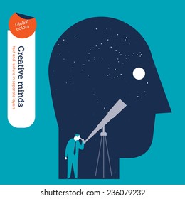 Businessman looking trough a telescope in the head. Vector illustration Eps10 file. Global colors. Text and Texture in separate layers.