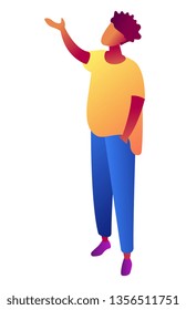 Empresario mirando hacia arriba, señalando con la mano y mostrando, gente pequeña es una ilustración 3D isométrica. Gerente y presentador, publicidad, formación empresarial y concepto de líder. Aislado sobre fondo blanco.