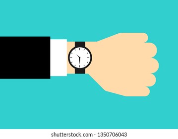 businessman looking watch on hand. time management concept. Isolated on blue background. Vector Illustration.
