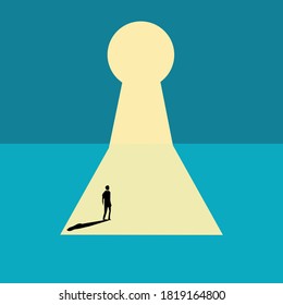 Businessman looking for a way out in the keyhole. business decision. motivation.Minimalist art style