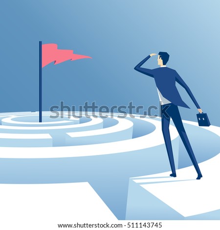 businessman looking for a way to reach the goal through the maze, employee tries to pass the labyrinth, business concept of overcoming challenges and achieving goals