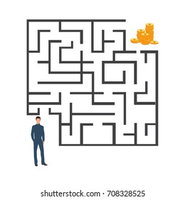 businessman looking for a way through the labyrinth to fame