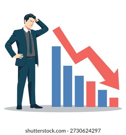 Businessman looking worried at declining graph with downward trend arrow icon