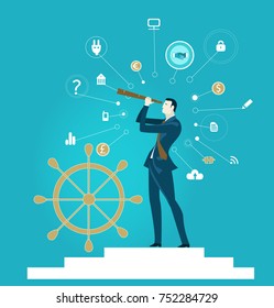 Businessman looking wth the telescope and surrounded by communication icons. Business concept illustration