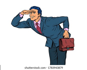 The businessman looks ahead. Pop art retro vector illustration kitsch vintage 50s 60s style