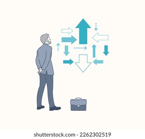 A businessman looks at arrows pointing to many directions, uncertainty. hand drawn style vector design illustration