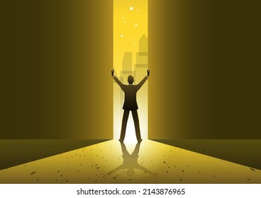 Businessman Looks at a big Opening Door in the shape of a light 