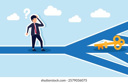 A businessman looks confused while standing on a branching road, with a dollar coin on one path, illustration of confusion in deciding the right approach to solving business problems