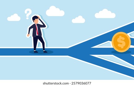 A businessman looks confused while standing on a branching road, with a dollar coin on one path, illustration of confusion in applying financial management strategies