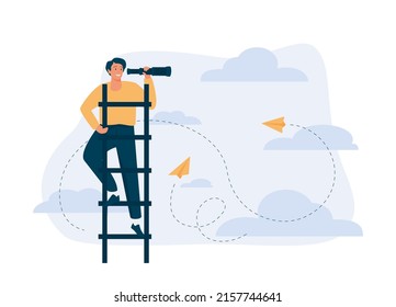 Businessman looks far for new business with binocular, Vector illustration doodle style.