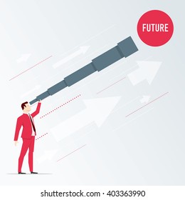 Businessman looks future through a telescope. Vector business concept illustration.