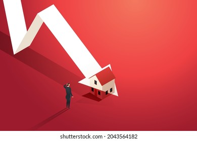 Businessman looks at a graph of the real estate market where the arrowhead is falling. recession Home prices fall in real estate and property market crash. isometric illustration vector.