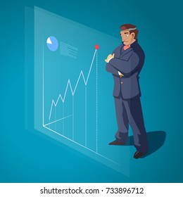 Businessman looks at graph. Vector flat illustration/