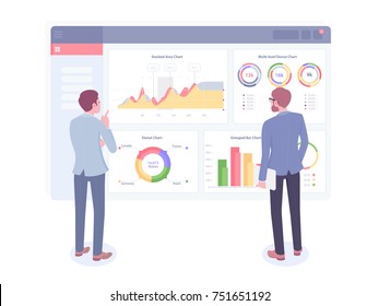 Businessman looks at growth chart. Back view of two businessmen looking at business strategy. Vector illustration