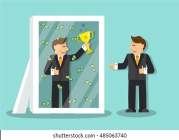 businessman looks at himself in the mirror and sees that it is a success and a lot of money and holding a gold cup