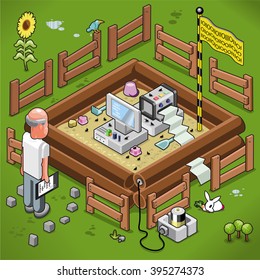 Businessman looks at his virus-infested computer in a secure sandbox