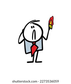 The businessman looks in horror at the burning dollar bill in his hand. Vector illustration of poor stickman and money problems.