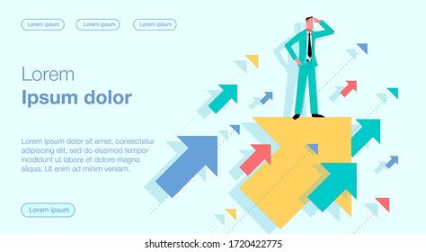 A businessman looks into the distance standing on the arrows that are moving forward. Business vector concept illustration.