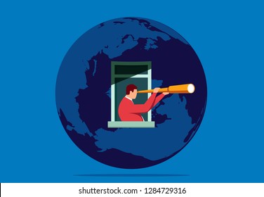 Businessman looks into the distance from the window of the earth