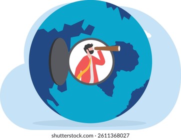 Businessman looks into the distance from the window of the earth

