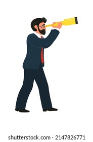 Businessman looks into telescope. Looking to the future concept. 