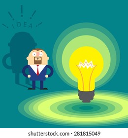 A businessman looks at a large glowing light bulb. The idea in the shape of a bulb. Vector image illustration.