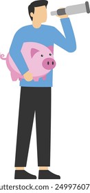 Businessman looks for money to put in a piggy bank, Vector illustration design concept in flat style

